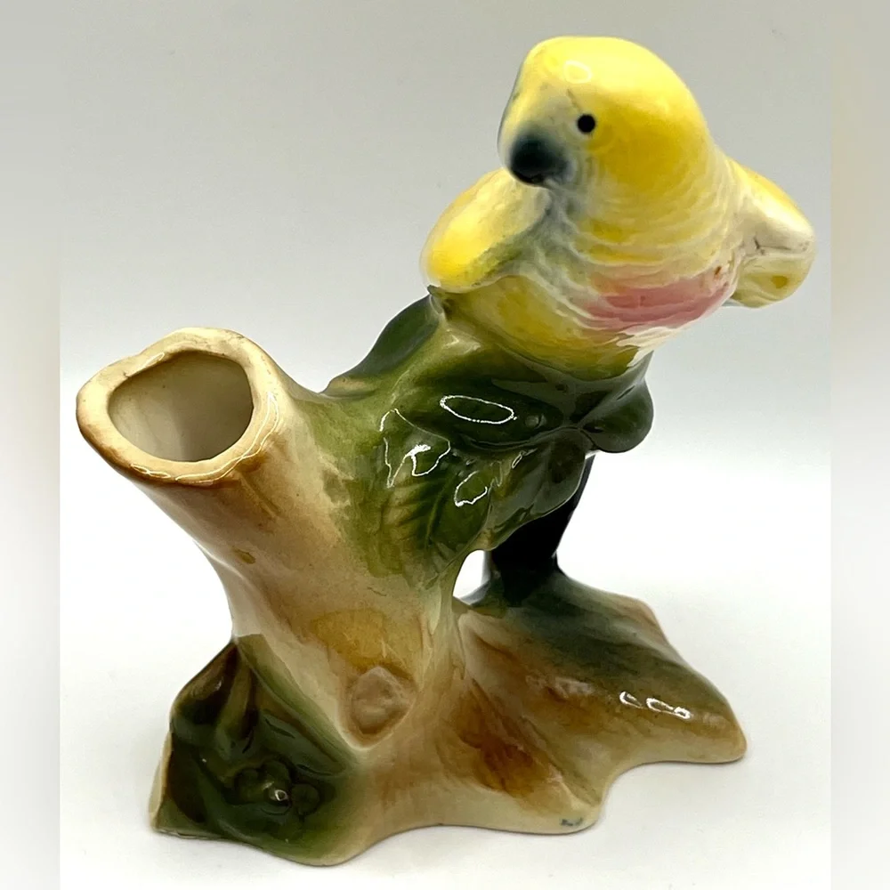 Vintage Royal Copley Yellow Parrot Bird on Tree Brunch Ceramic Vase Figurine 5